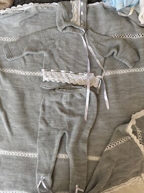 Soft Knit  Set with Lace Trim in Light Gray with matching  blanket